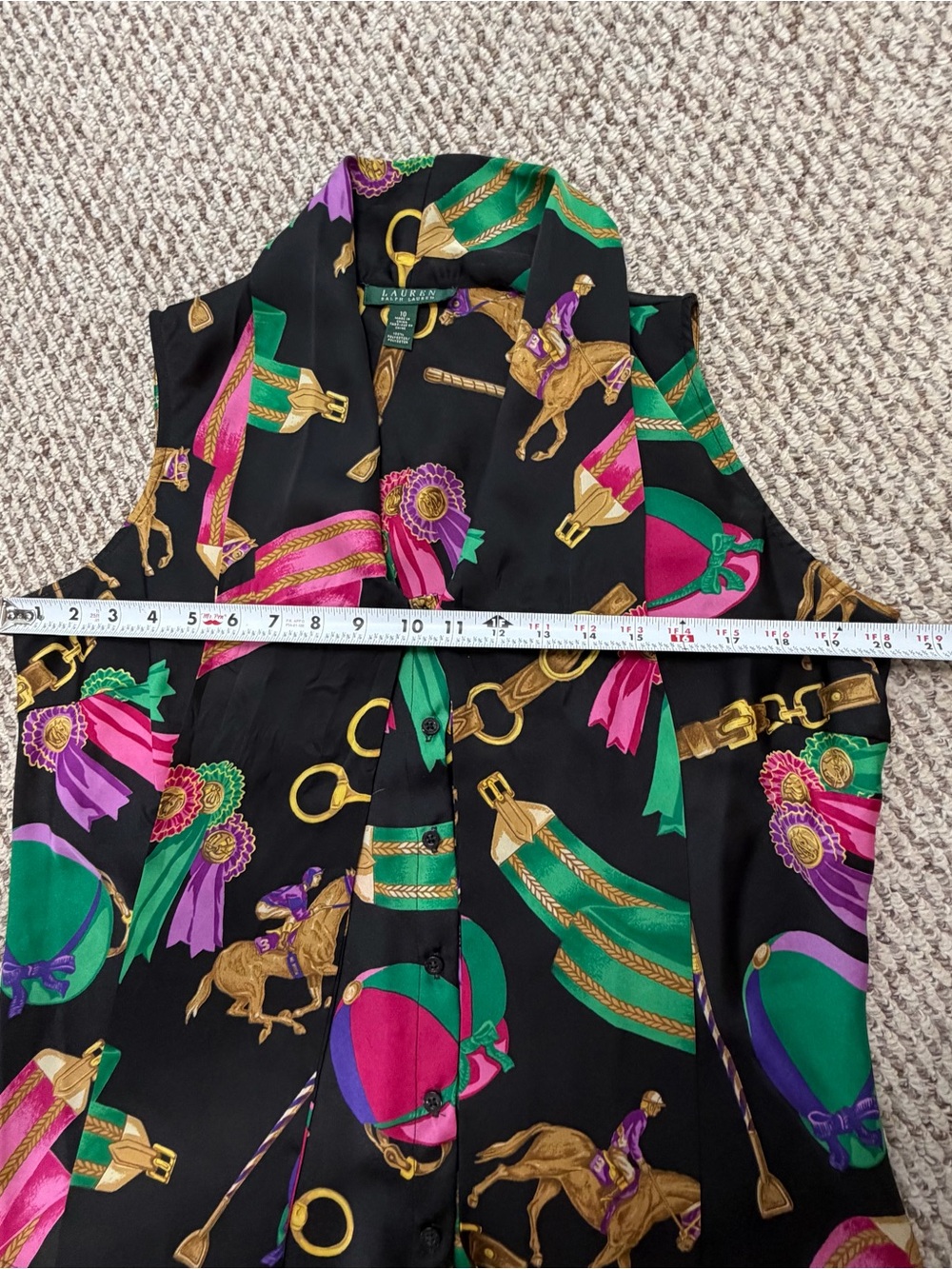 Lauren Ralph Lauren Equestrian Blouse Sz 10 Black Horse Bit Ribbon Tie Neck Top - Picture 10 of 13
